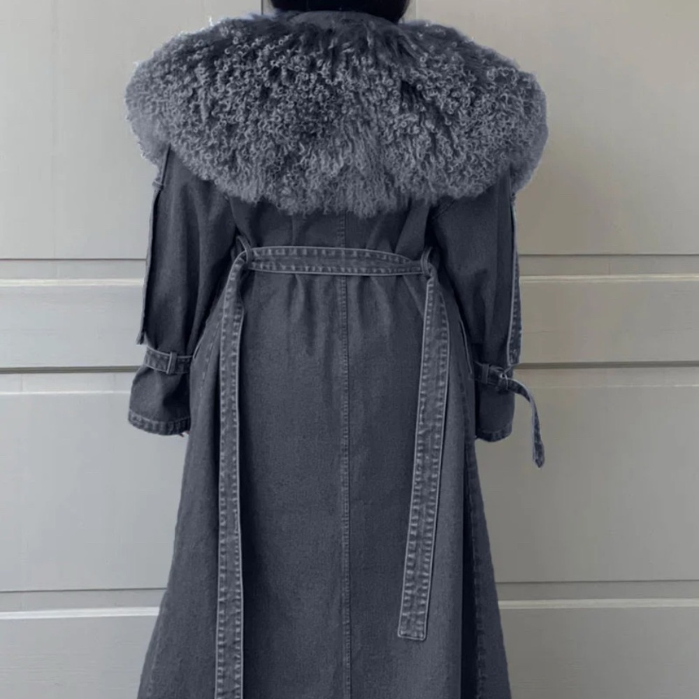 Gray Denim Coat with Faux Fur Collar